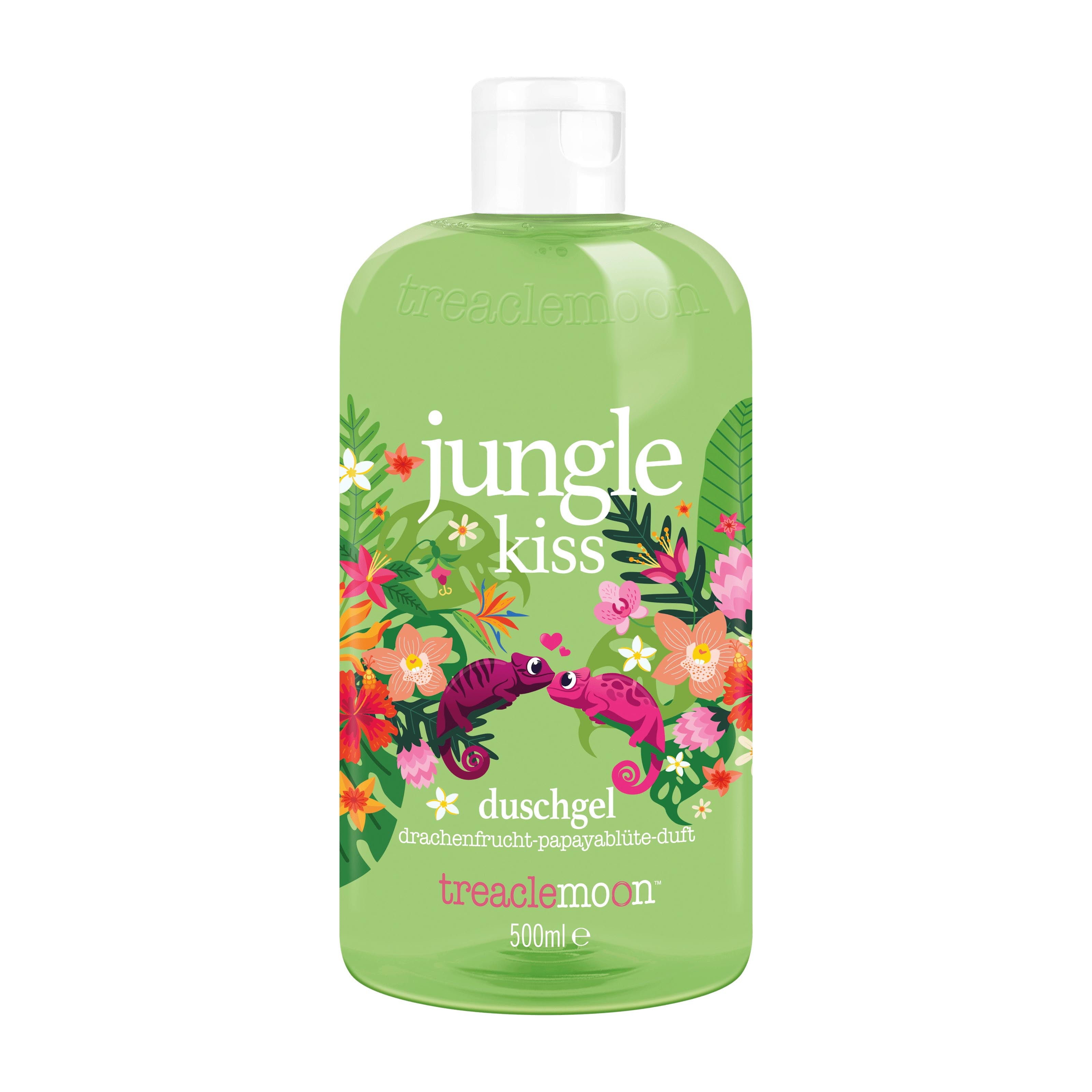 Bottle of Treaclemoon Jungle Kiss shower gel with colorful design on a white background