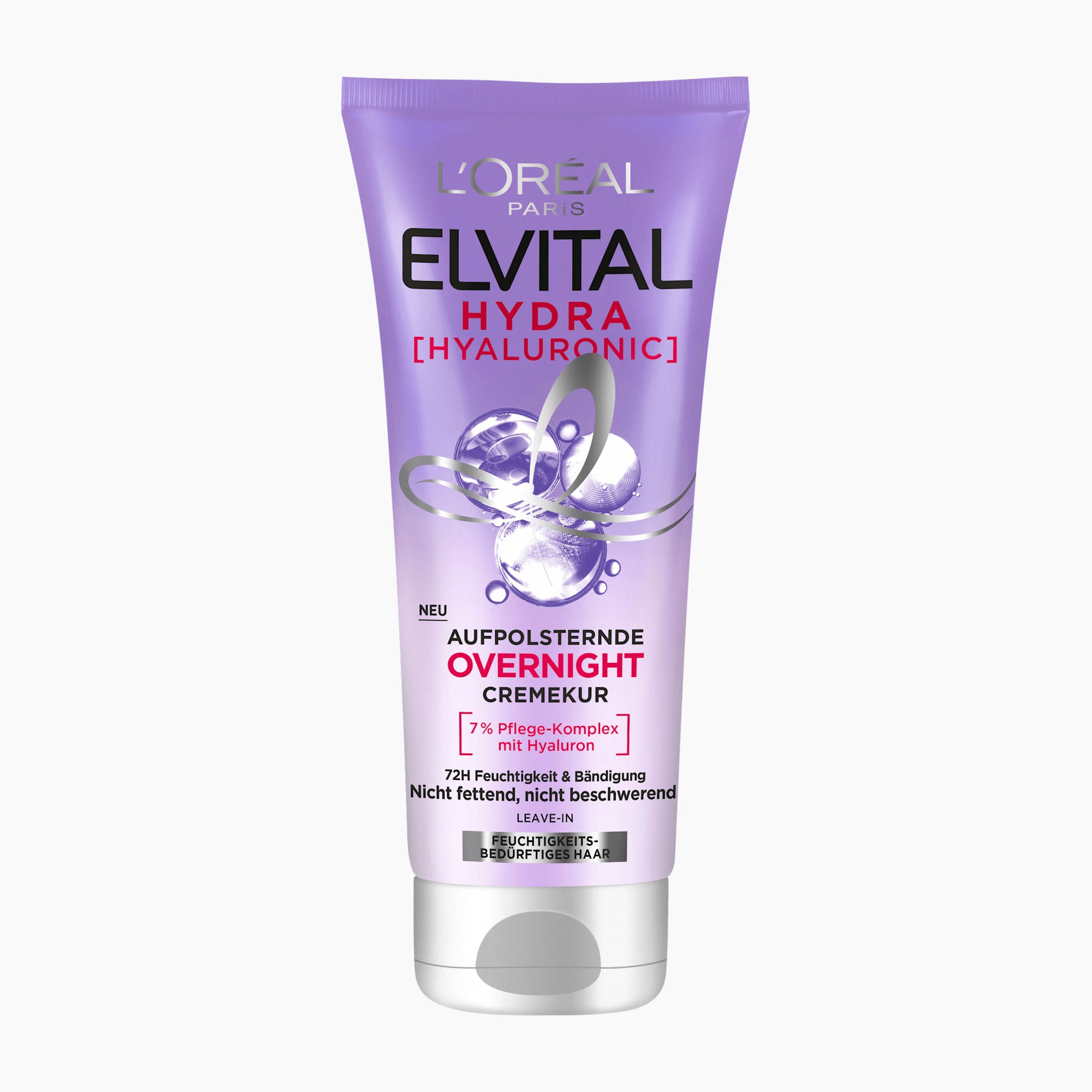 L'Oréal Paris Elvital Hydra Hyaluronic Overnight Hair Treatment in a lavender purple squeeze tube with a white cap, shown on a light gray background.