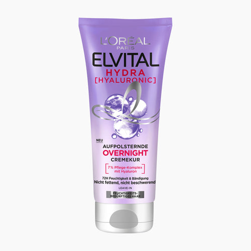 L'Oréal Paris Elvital Hydra Hyaluronic Overnight Hair Treatment in a lavender purple squeeze tube with a white cap, shown on a light gray background.