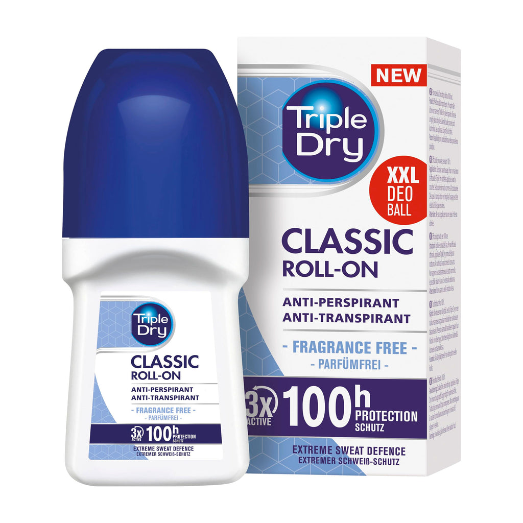 Triple Dry Classic Roll-On deodorant and packaging on a white background
