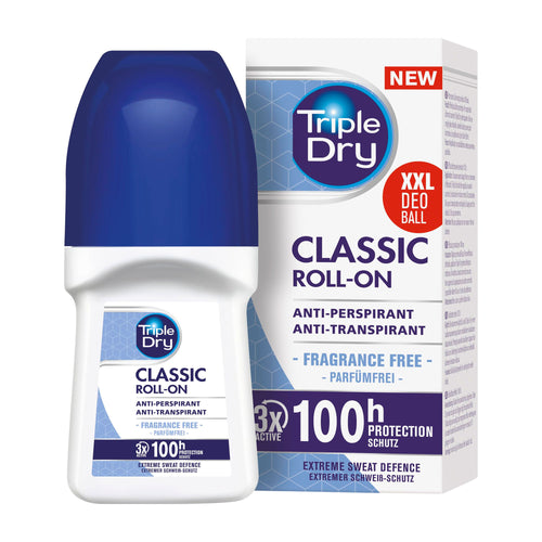 Triple Dry Classic Roll-On deodorant and packaging on a white background