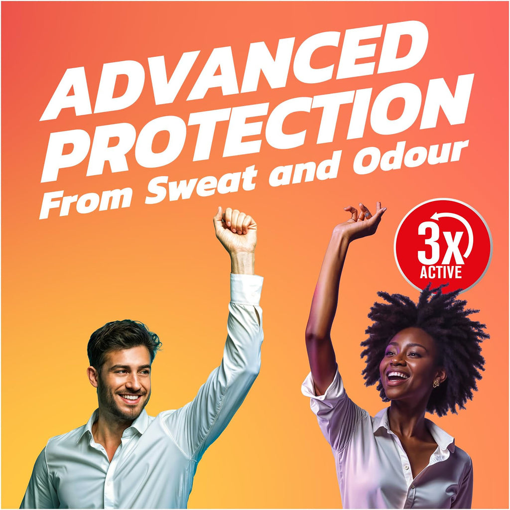 Two people with raised arms against an orange background with 'Advanced Protection' text and a '3X Active' text.