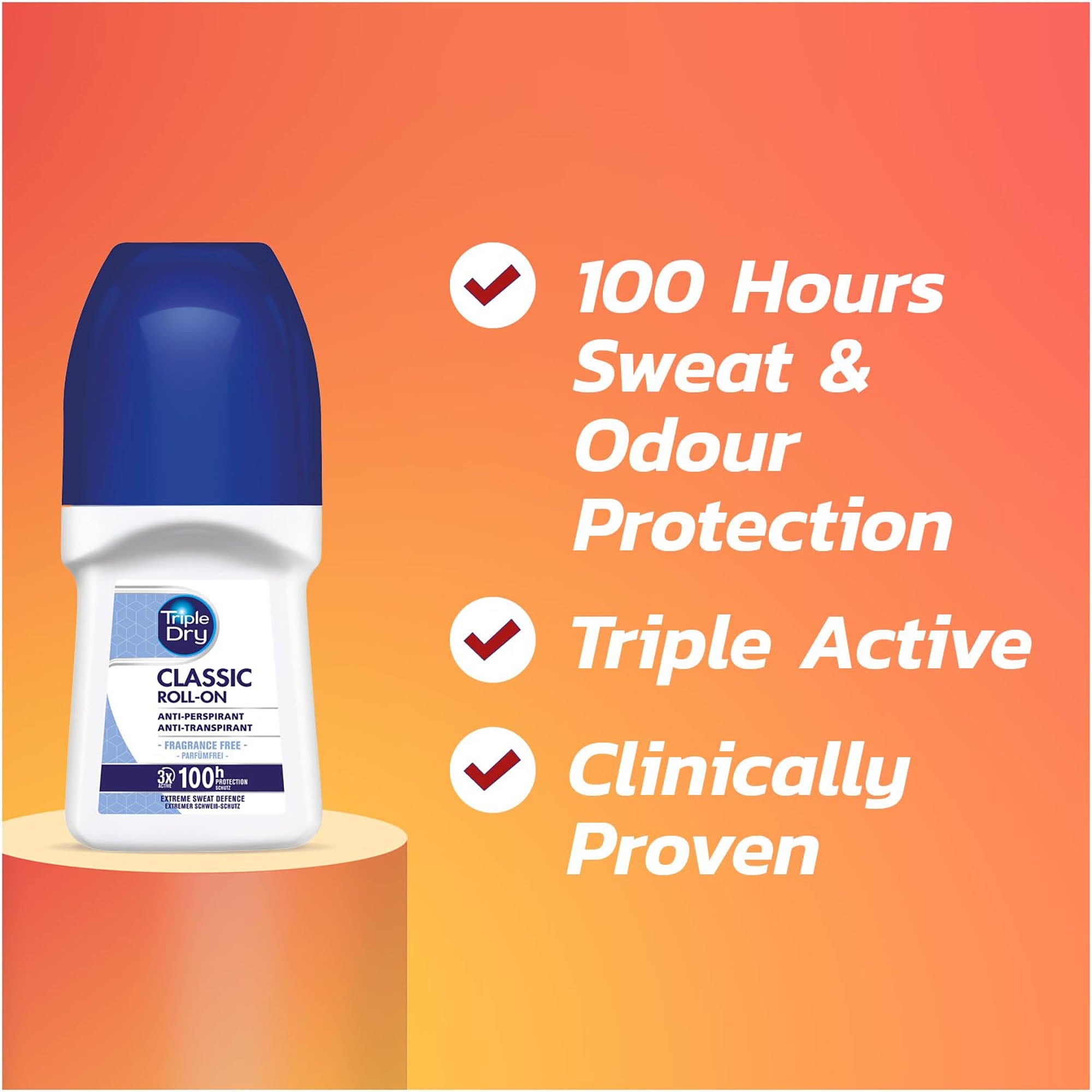 Deodorant roll-on with features listed on an orange background