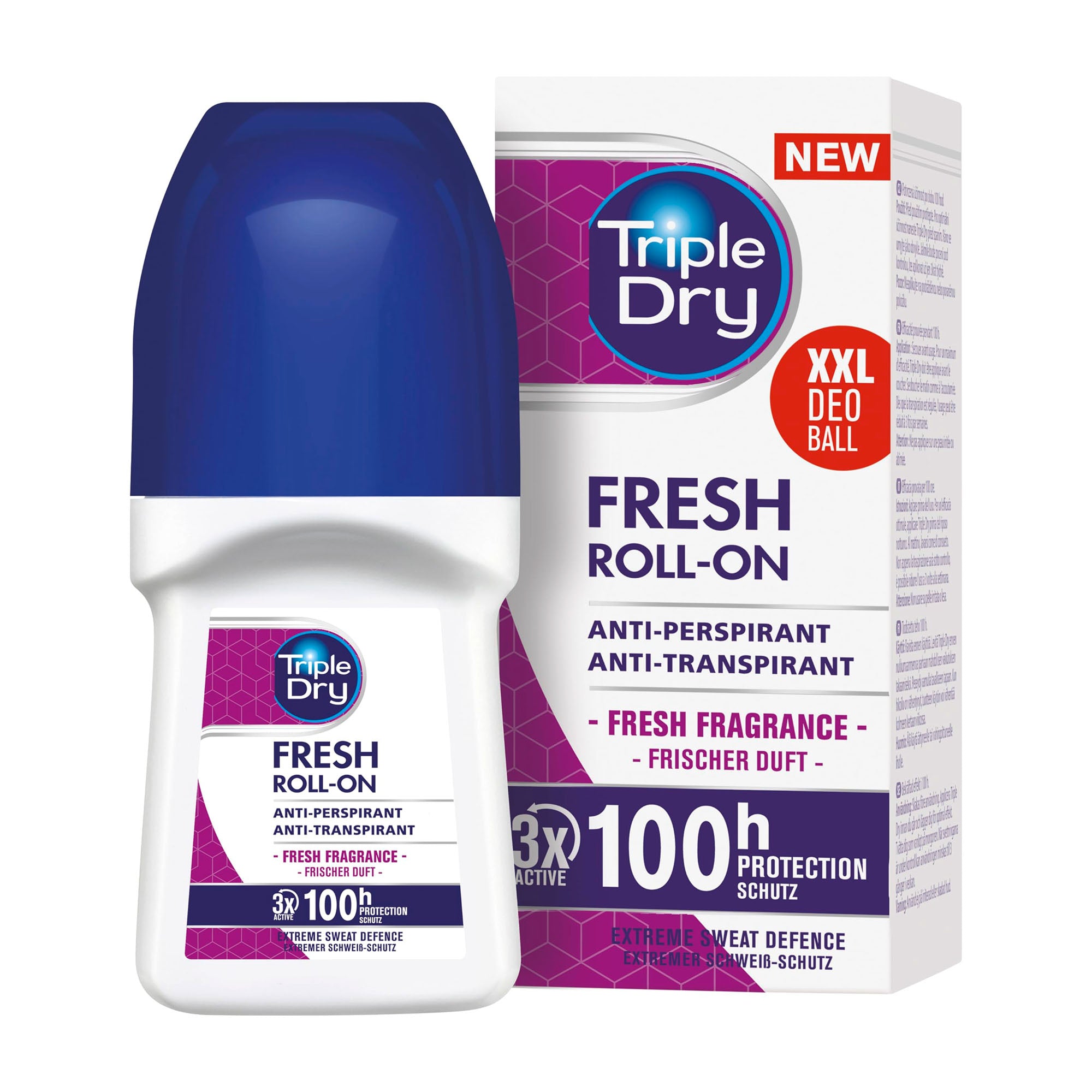 Triple Dry Fresh Roll-On deodorant with packaging on a white background