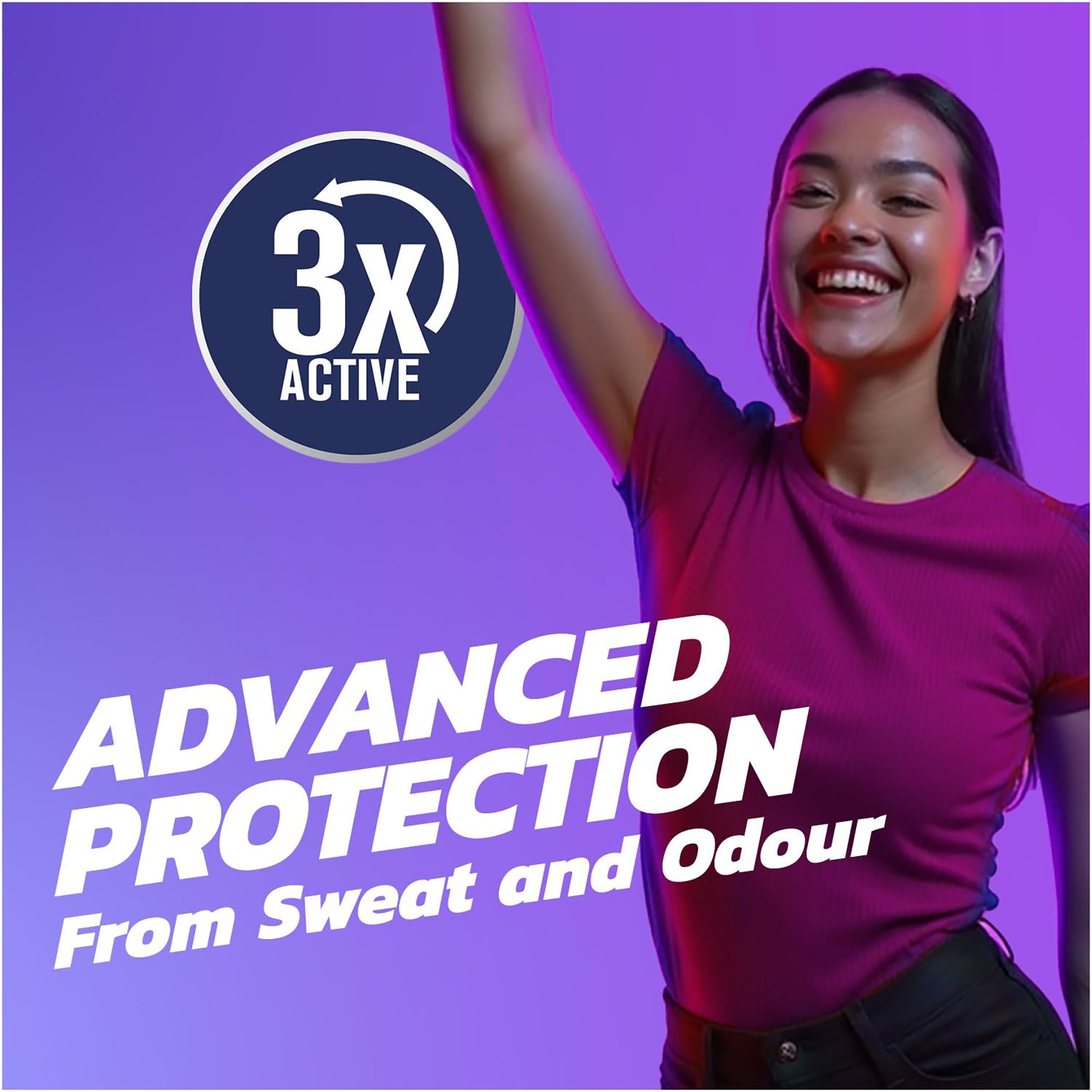 Person wearing a purple shirt with '3X Active' text in a circle and text about advanced protection from sweat and odor on a purple background.