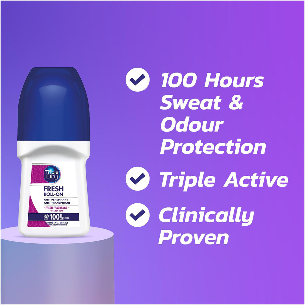 Triple Dry Fresh anti-perspirant roll-on bottle with text on a purple background