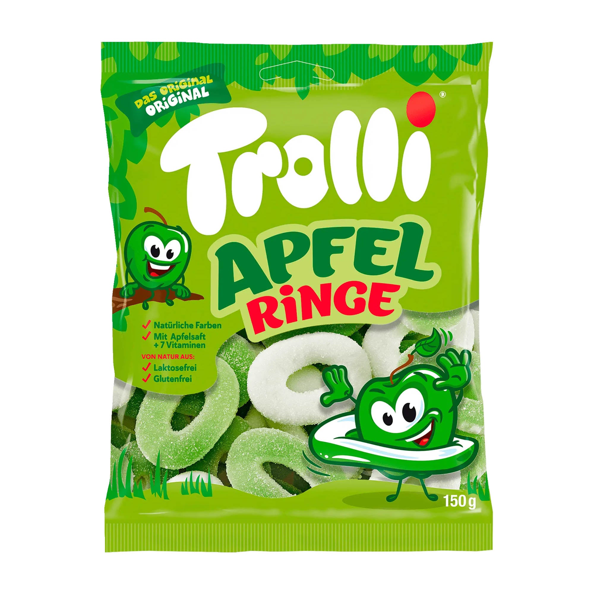 A package of Trolli Apple Rings Sour Marshmallow & Gummi Candy, featuring a green apple character and indicating the product is 150g.