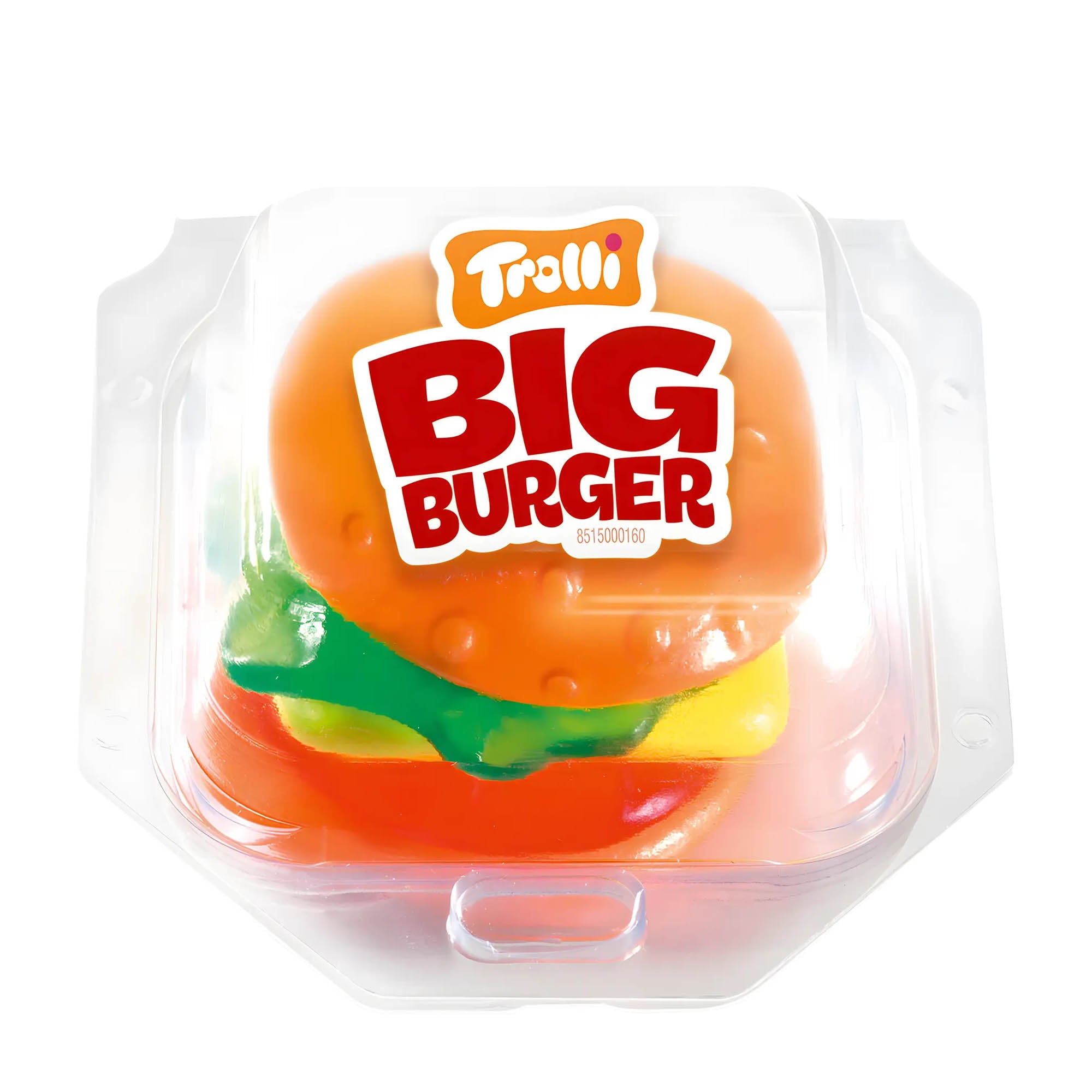 Packaged Trolli Big Burger candy, resembling a multilayered marshmallow and gummy candy burger.