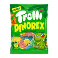 A package of Trolli Dinorex Sour Gummy Candy featuring colorful candy pieces and dinosaur shapes, with a 'Vegan' label and various fruit flavor mentions.