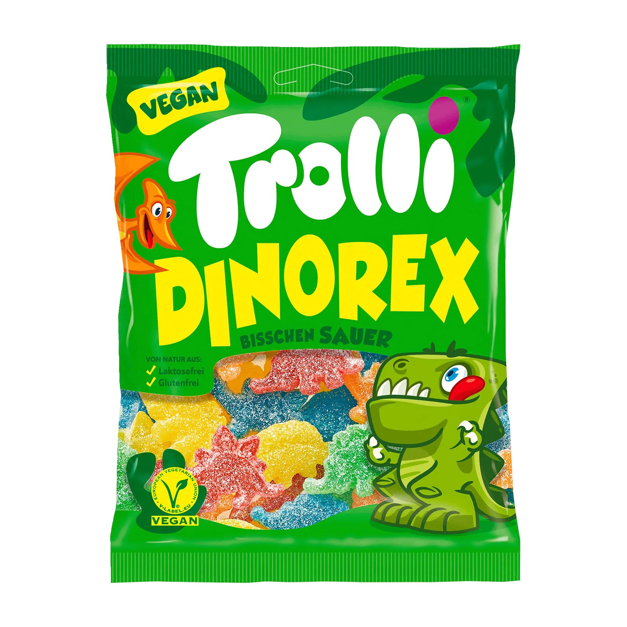 A package of Trolli Dinorex Sour Gummy Candy featuring colorful candy pieces and dinosaur shapes, with a 'Vegan' label and various fruit flavor mentions.
