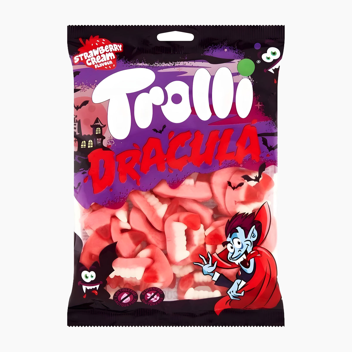A bag of Trolli Dracula strawberry cream gummy candy, featuring a black and purple Halloween-themed package with a cartoon vampire and visible pink gummies inside.