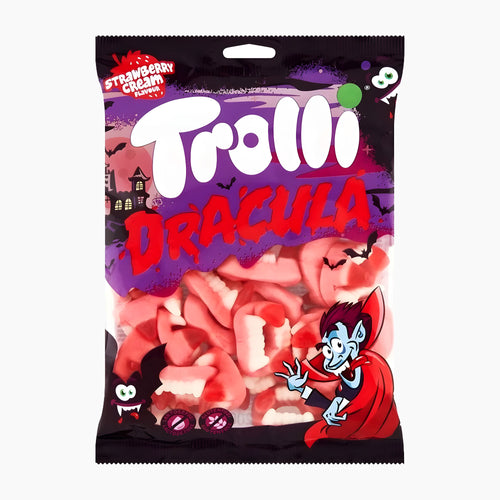 A bag of Trolli Dracula strawberry cream gummy candy, featuring a black and purple Halloween-themed package with a cartoon vampire and visible pink gummies inside.