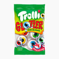 A bag of Trolli Glotzer Original Sour Splash gummy candies, featuring a bright green and yellow packaging with cartoon eyes and the Trolli brand logo.