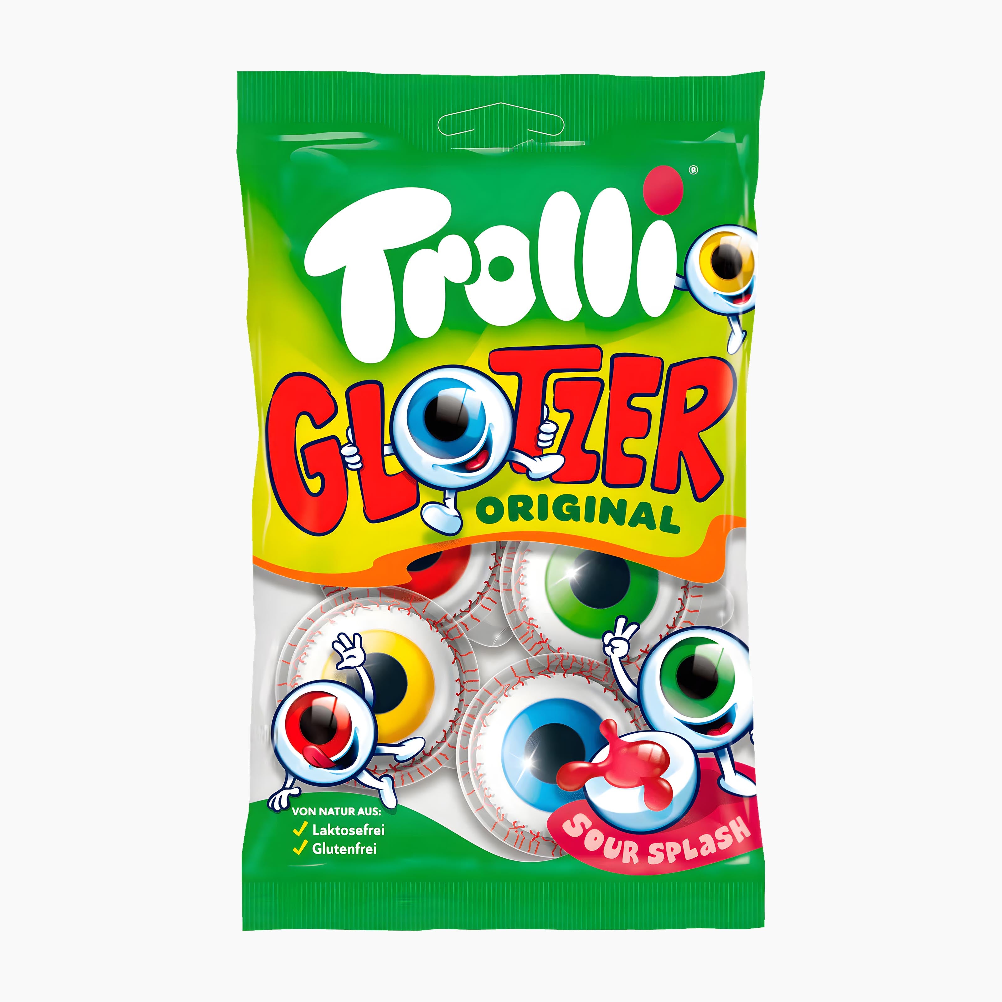 A bag of Trolli Glotzer Original Sour Splash gummy candies, featuring a bright green and yellow packaging with cartoon eyes and the Trolli brand logo.