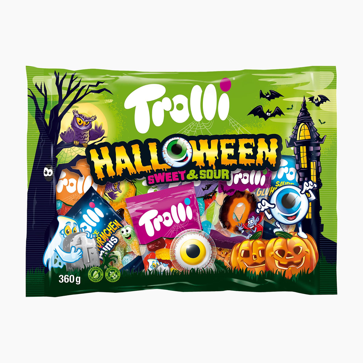 Trolli Halloween Sweet & Sour candy assortment bag on a light gray background.