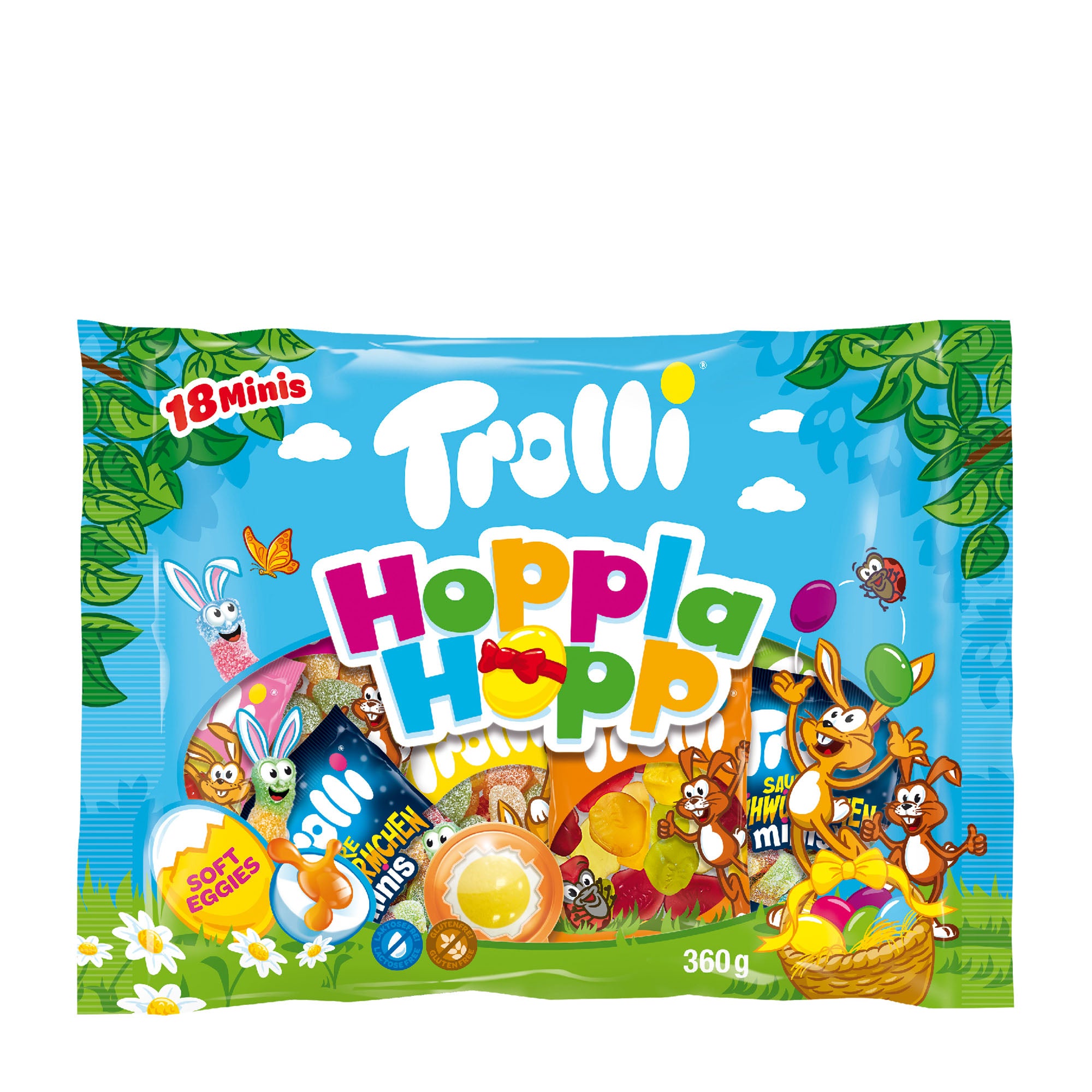 Trolli Hoppla Hopp gummy candy package with colorful design and cartoon characters on a white background