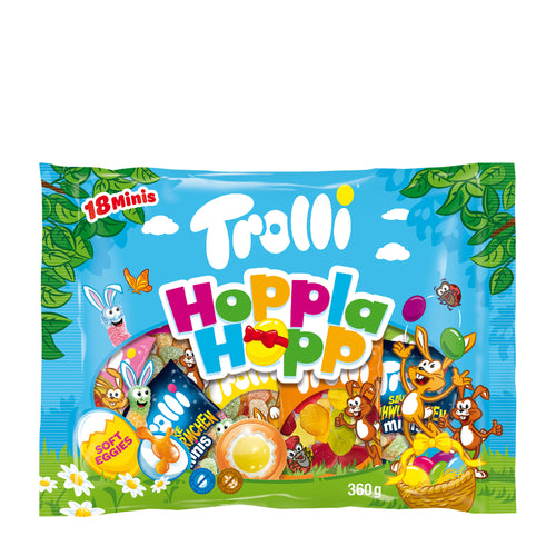 Trolli Hoppla Hopp gummy candy package with colorful design and cartoon characters on a white background