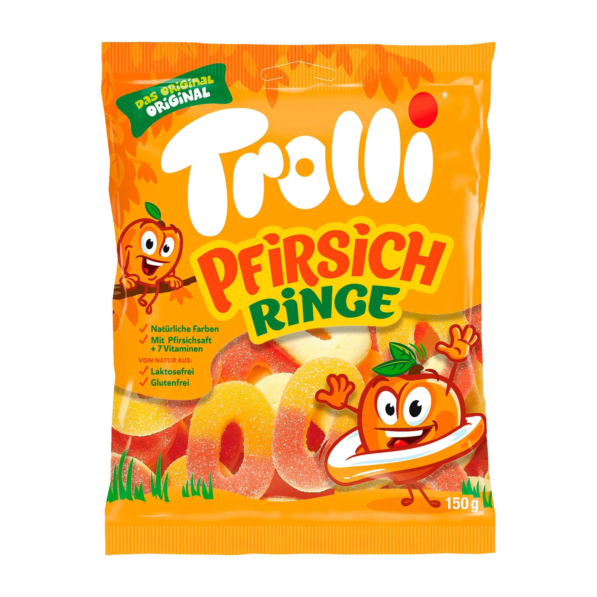 Packaging of Trolli Peach Rings gummy candy with cartoon characters on a white background.