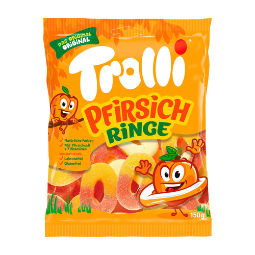 Packaging of Trolli Peach Rings gummy candy with cartoon characters on a white background.