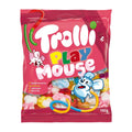 A package of Trolli Play Mouse marshmallow, featuring colorful mice with long gummy tails, and the brand's logo and graphics.