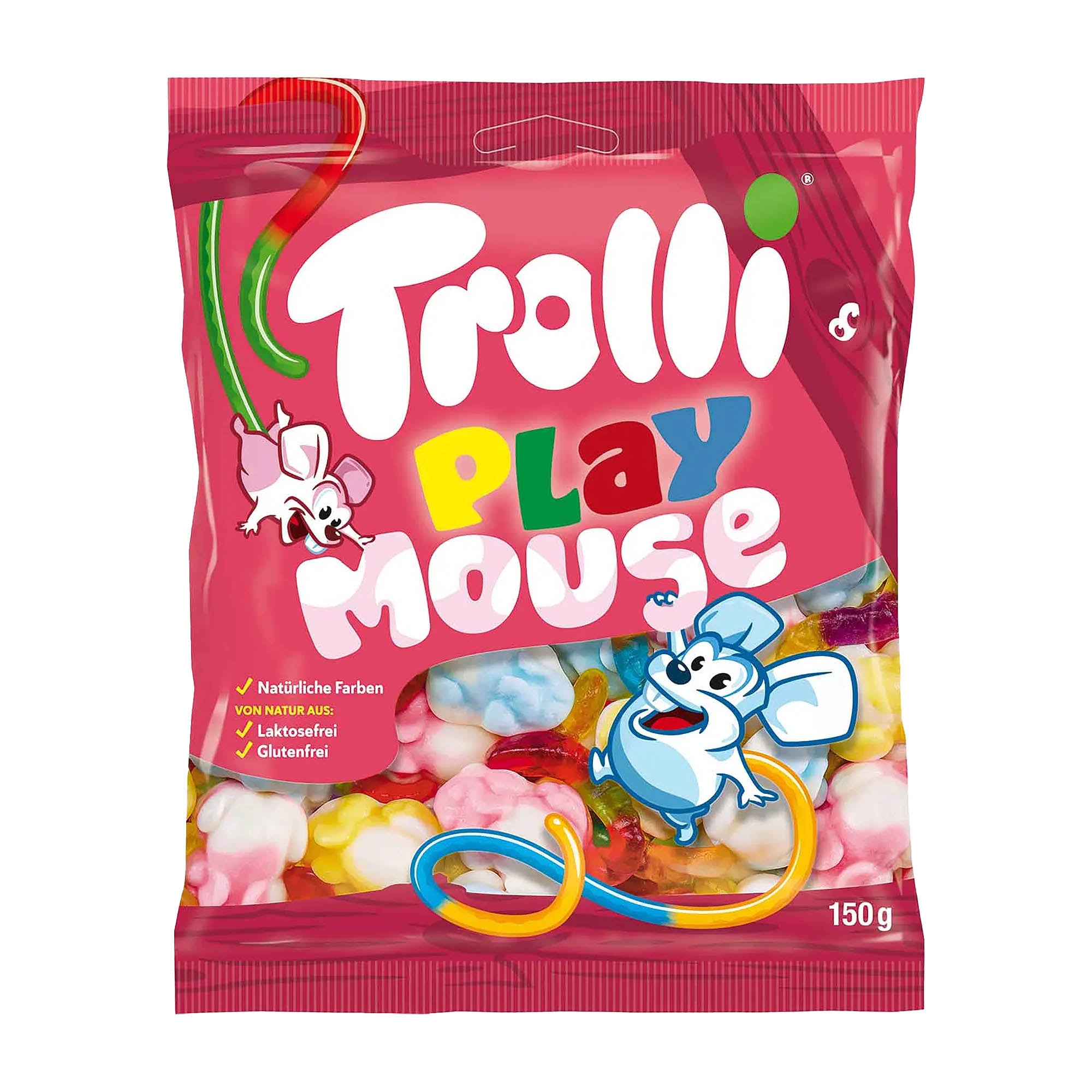A package of Trolli Play Mouse marshmallow, featuring colorful mice with long gummy tails, and the brand's logo and graphics.