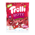 Packaging of Trolli Red Fruit Mini Rings Candy, featuring the product name, images of the candy, and a cartoon character. The package is predominantly red and white with a clear window showing the candy inside.