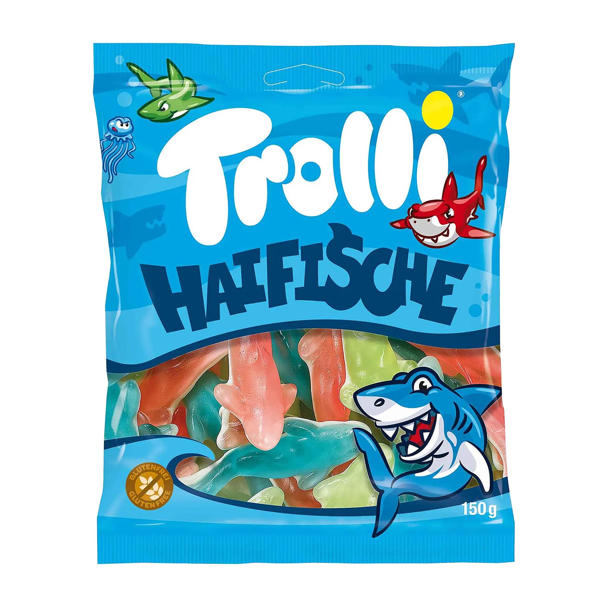 A package of Trolli Sharks candy shaped like sharks, displayed against a blue background.