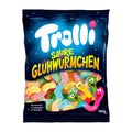 Trolli Sour Glowworms gummy candy package on a white background.