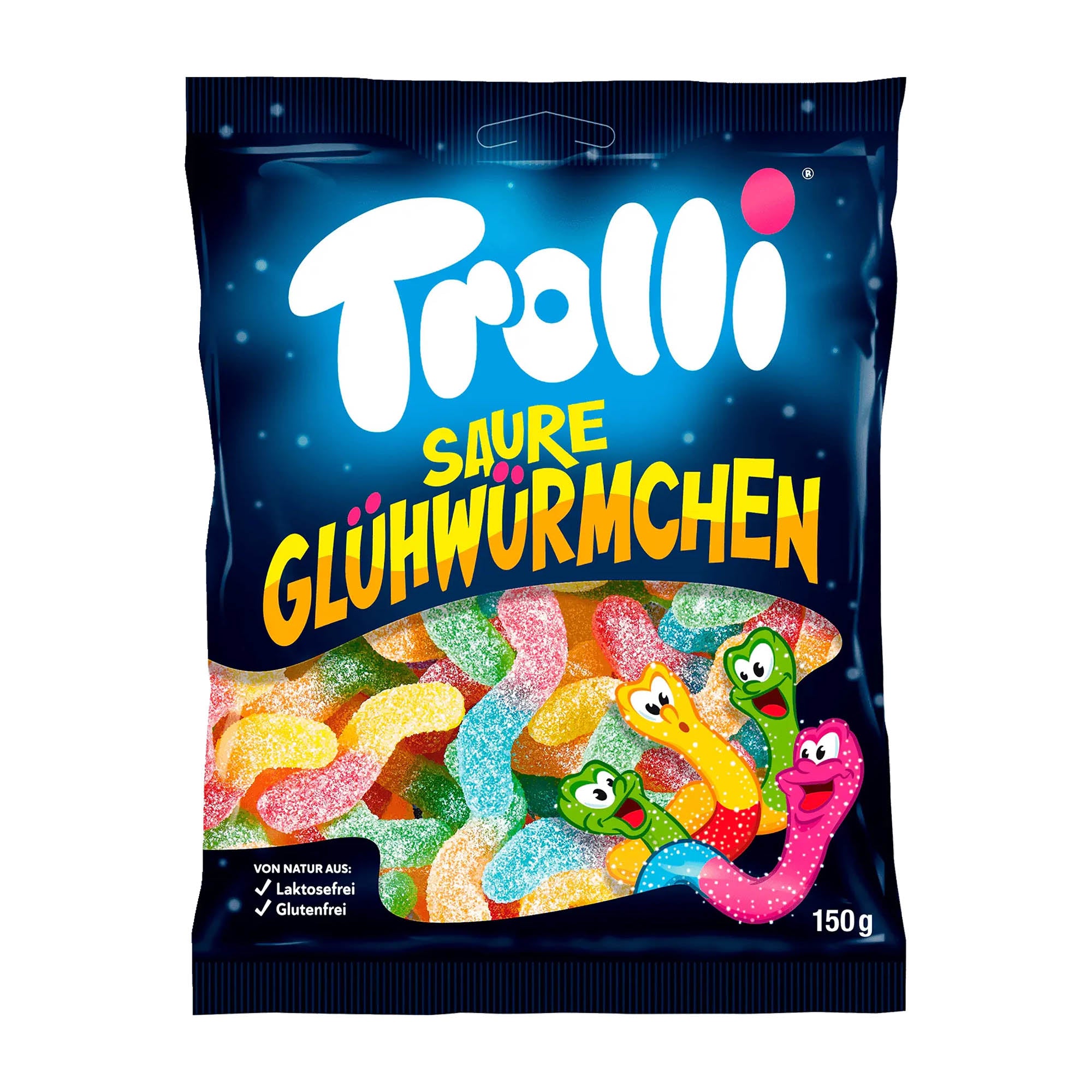 Trolli Sour Glowworms gummy candy package on a white background.