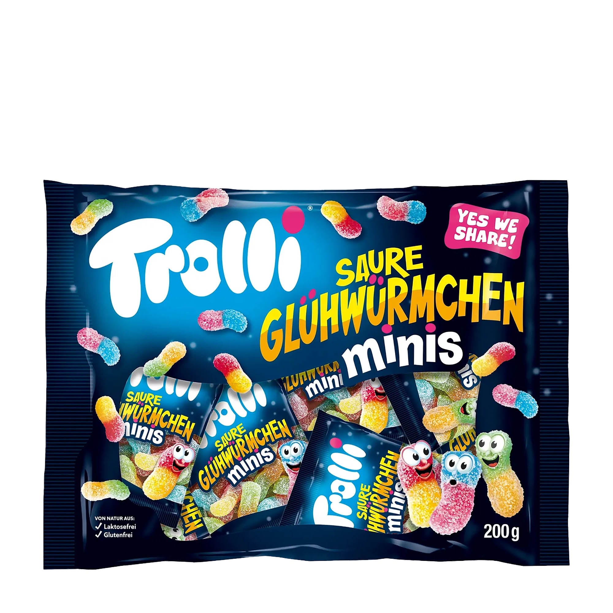 A package of Trolli Sour Glowworms Minis, showing various colorful gummy candies with a sour coating. The package indicates the product weighs 200 grams and features the Trolli brand logo and graphics.