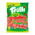A package of Trolli Sour Strawbies Gummy Candy, featuring the product name and an image of the sour sugar-coated strawberry-shaped gummies. The package is colored predominantly green and red, with the 'Vegan' label visible.