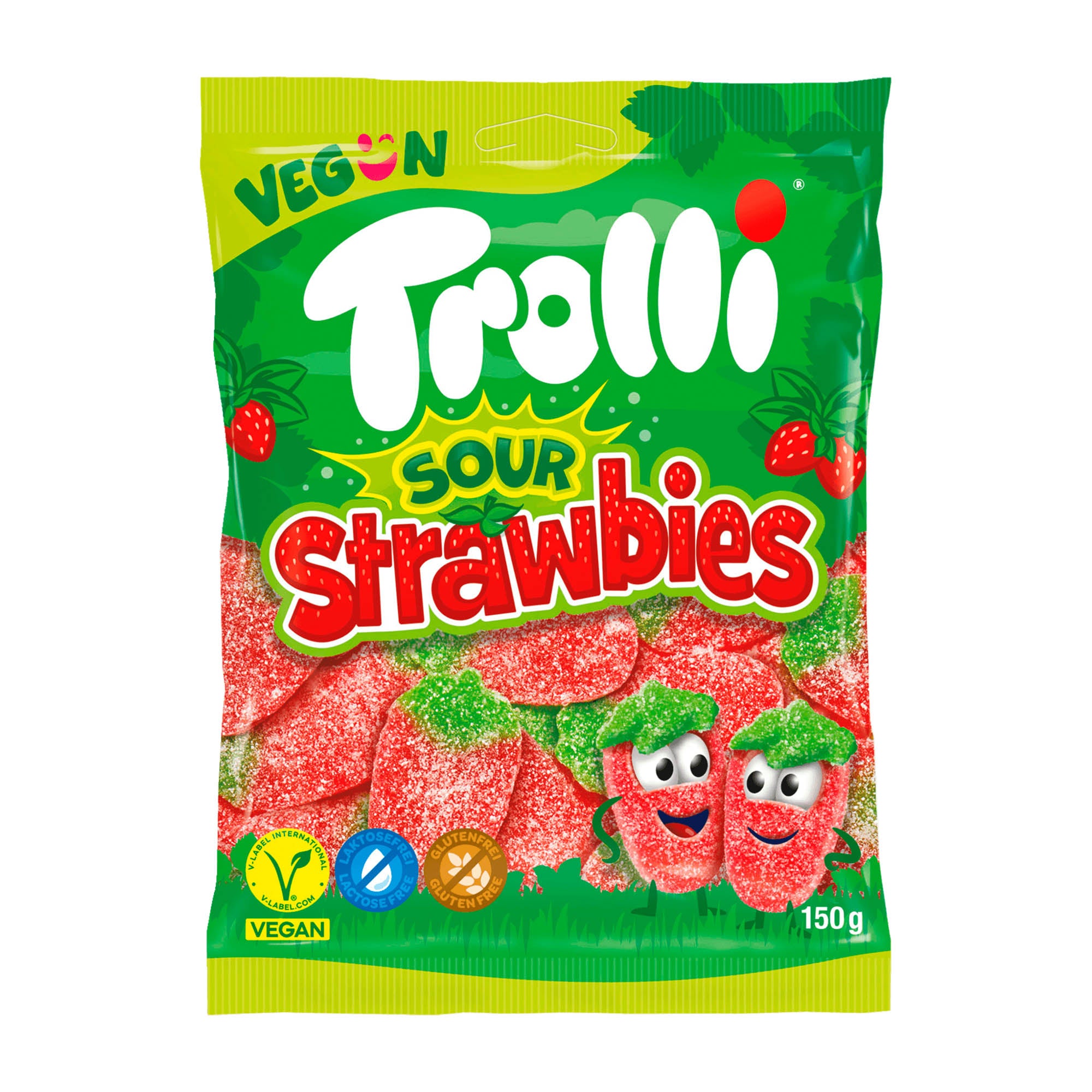 A package of Trolli Sour Strawbies Gummy Candy, featuring the product name and an image of the sour sugar-coated strawberry-shaped gummies. The package is colored predominantly green and red, with the 'Vegan' label visible.