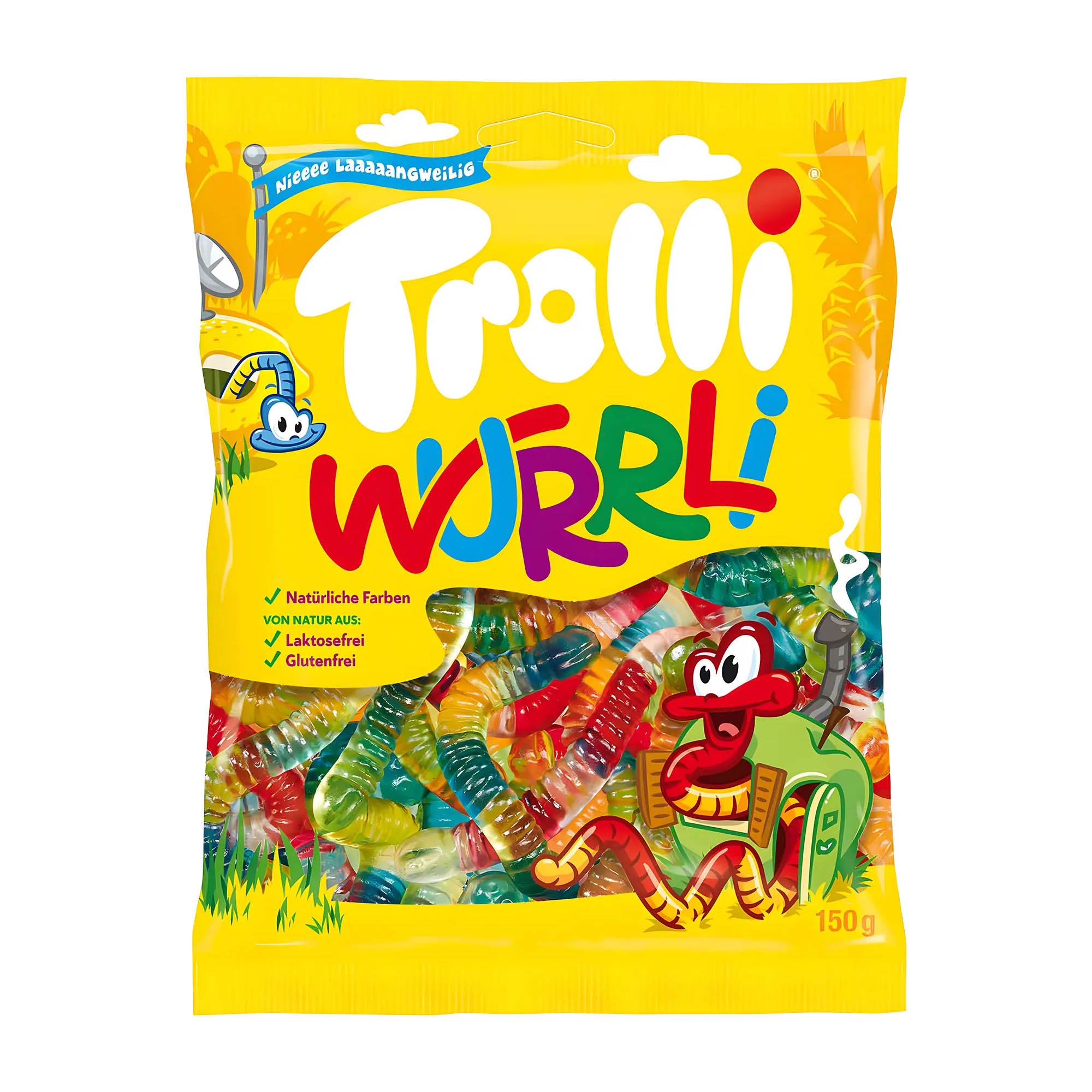 A package of Trolli Wurrli featuring colorful gummy worms on a yellow background with cartoonish characters.