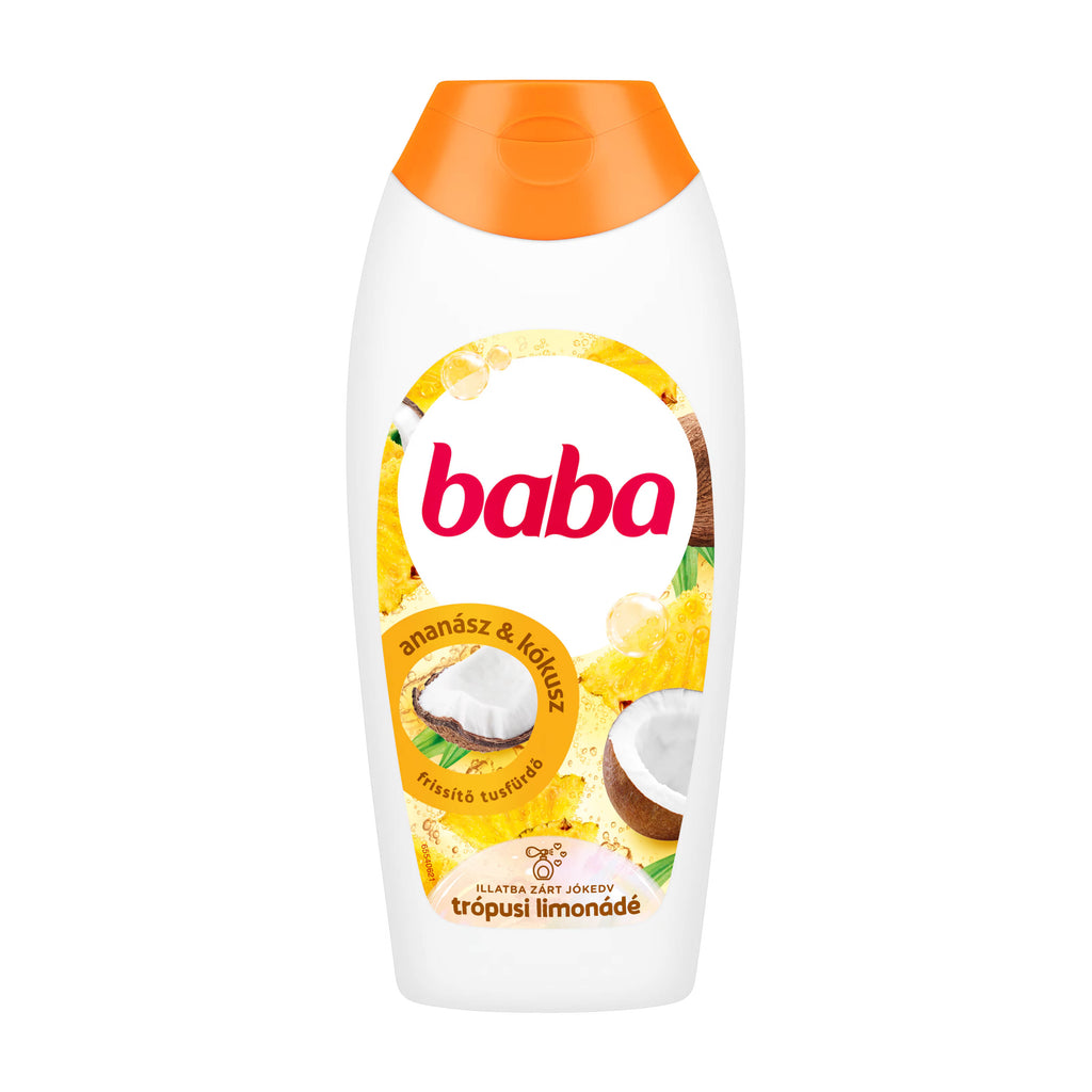 Baba Tropical Lemonade shower gel bottle with orange cap on a white background