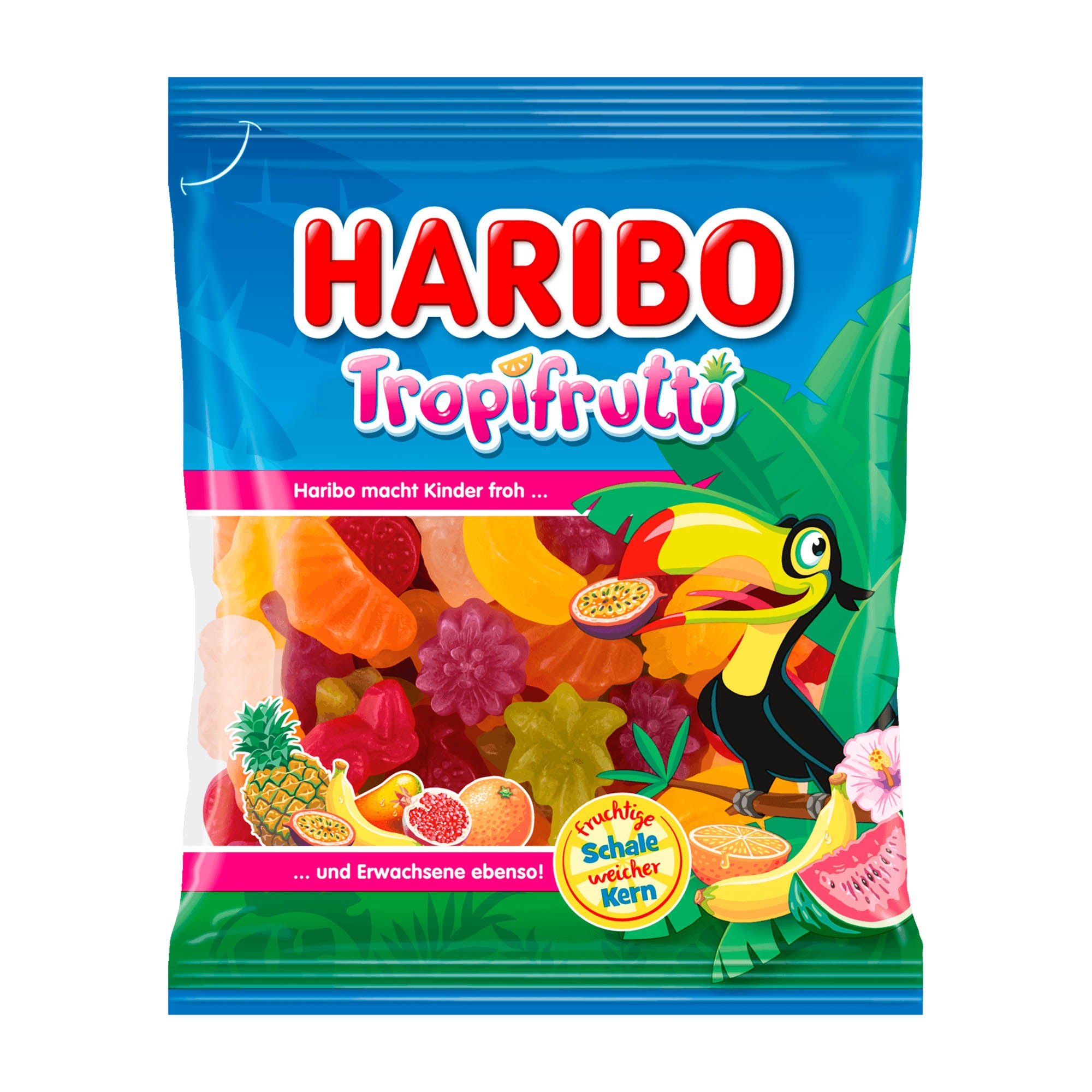 A package of Haribo Tropifrutti fruit gummy candies featuring various colorful fruit shapes and a character illustration on the front.