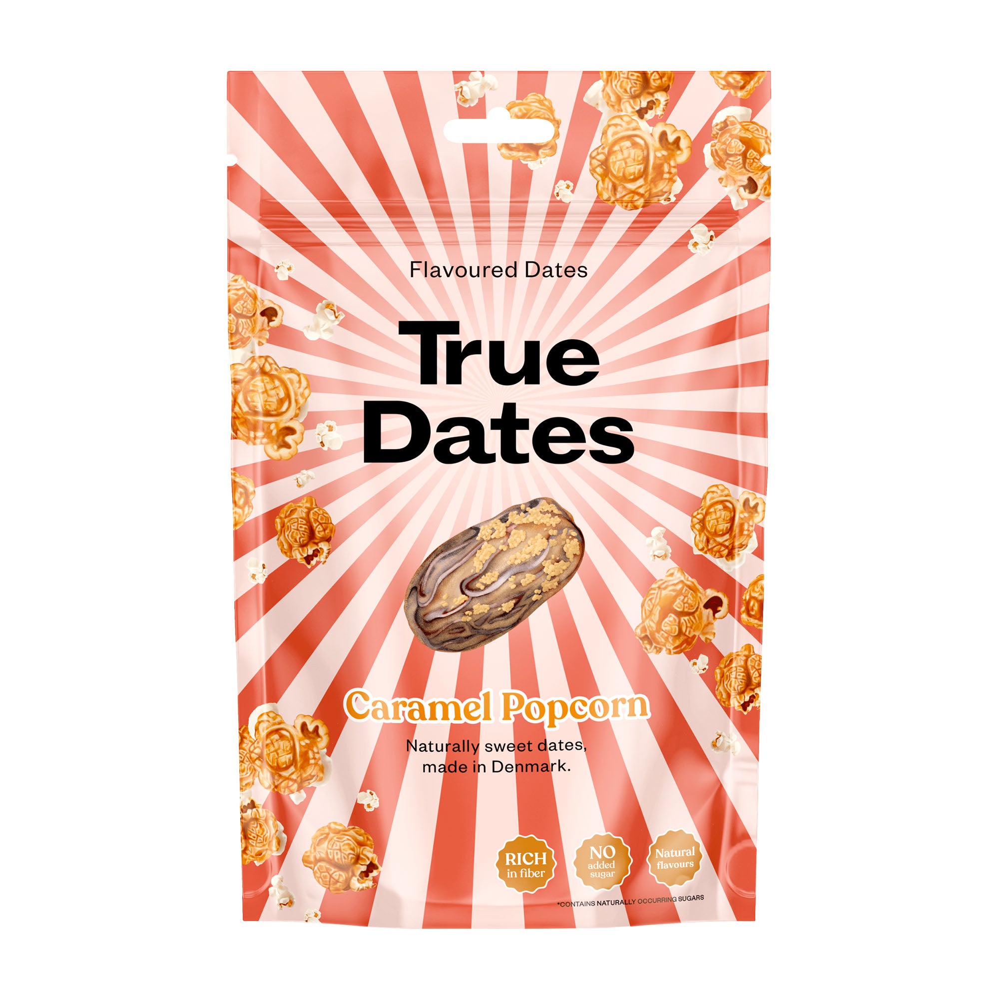 True Dates Caramel Popcorn packaging on a white background.