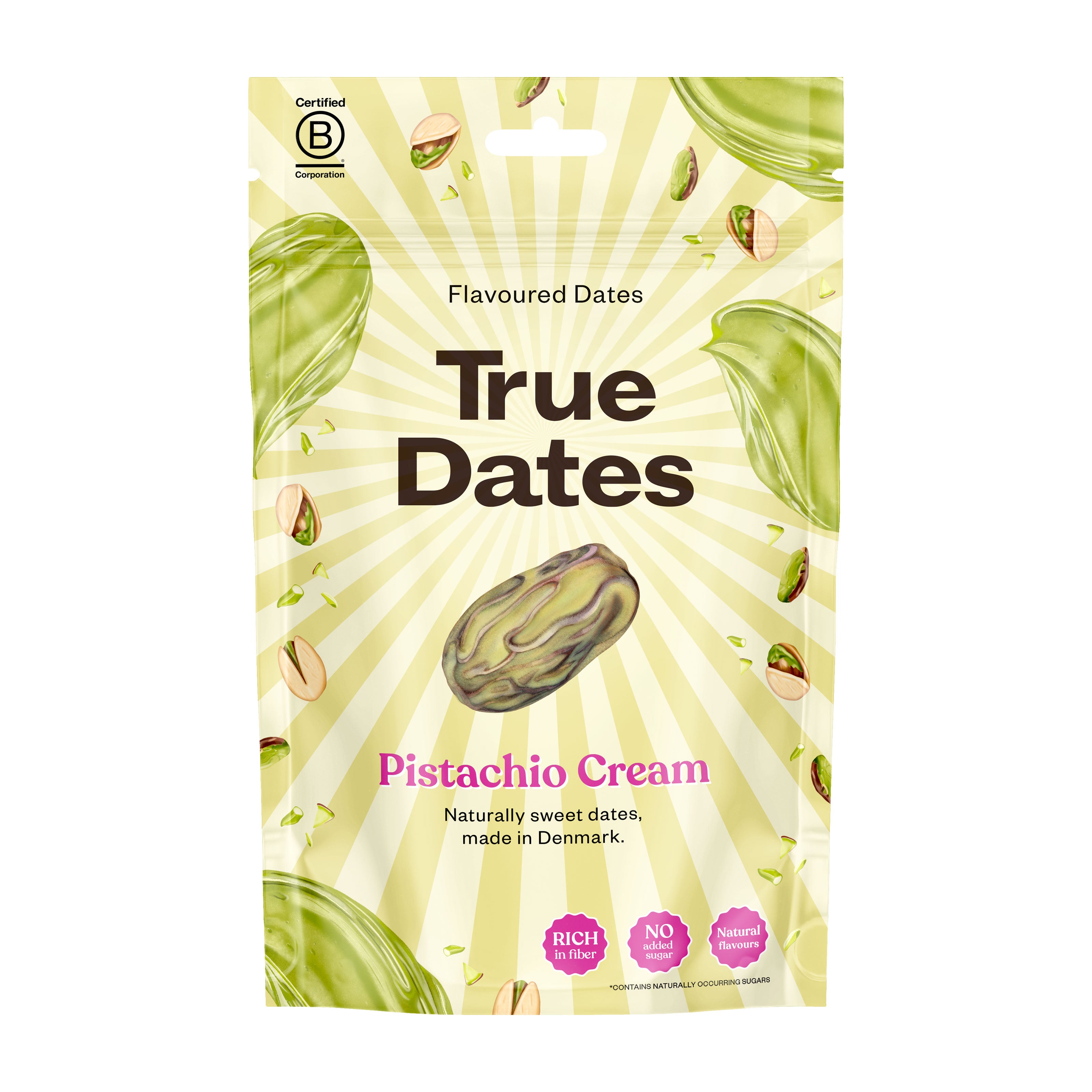 Packaging of True Dates Pistachio Cream on a white background