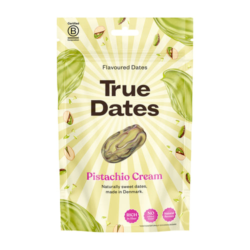 Packaging of True Dates Pistachio Cream on a white background
