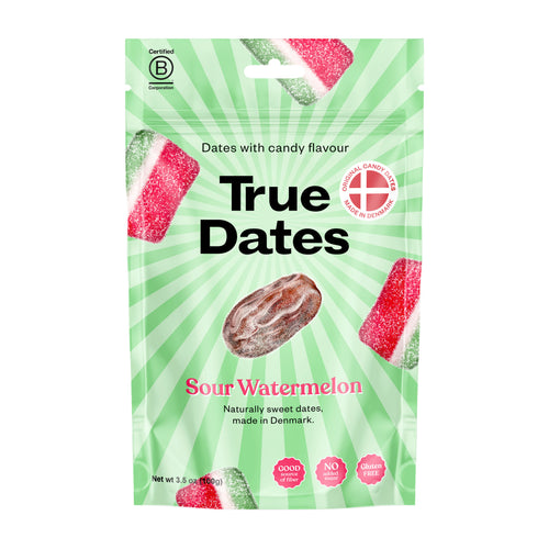 Packaging of True Dates Sour Watermelon flavor on a white background