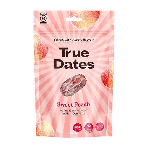 True Dates Sweet Peach flavored dried dates packaging on a white background.