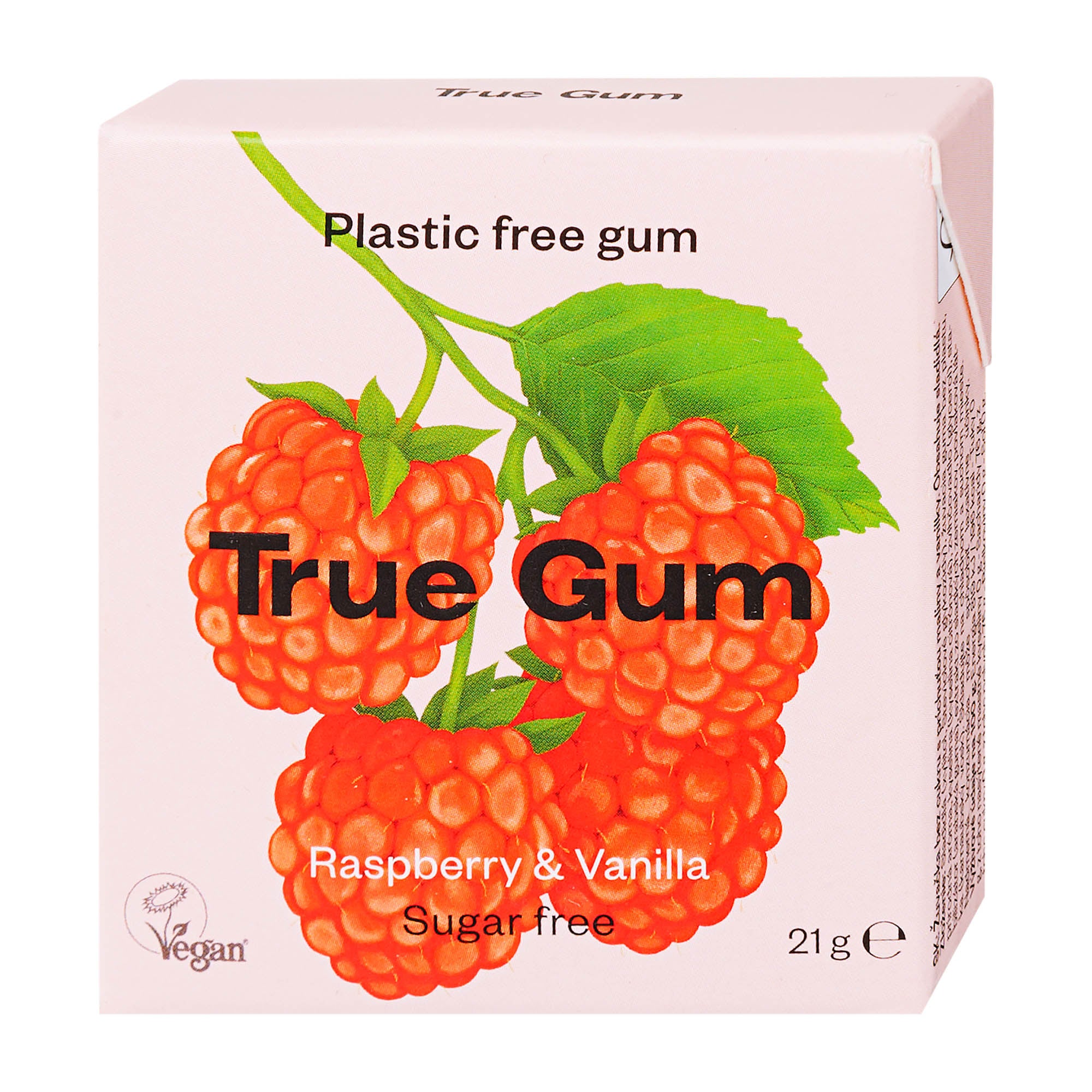 True Gum Chewing-gum Framboise & Vanille sans sucre et sans plastique, 21 g