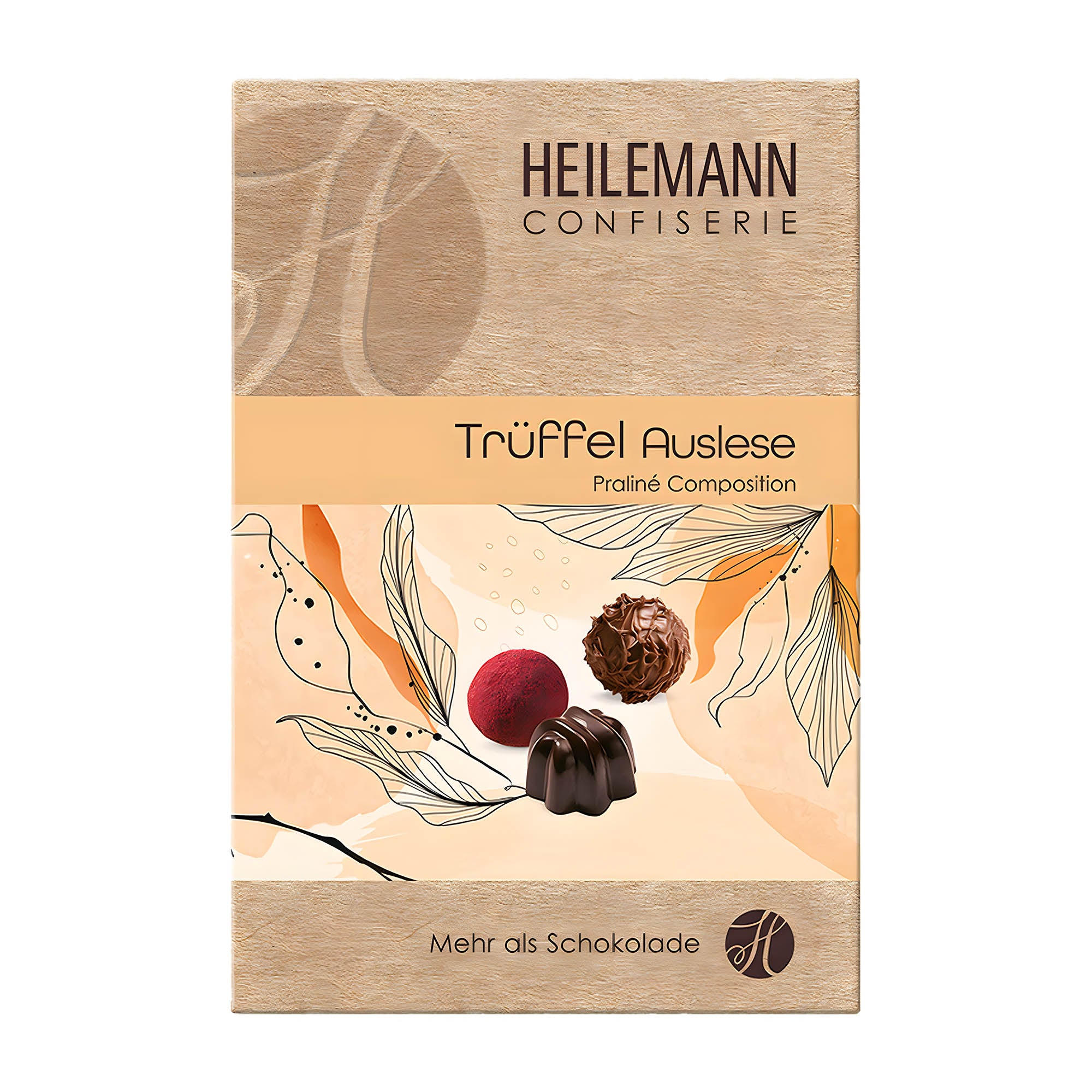 Packaging of HEILEMANN Truffle Selection pralines with a graphical depiction of truffles on the front.