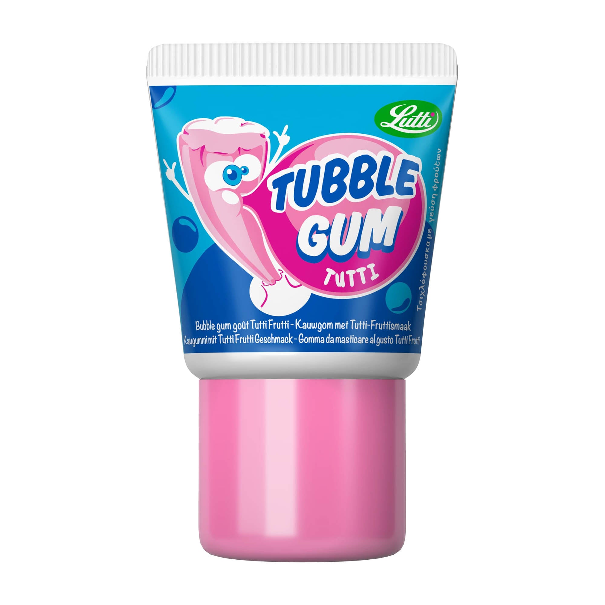 A tube of Lutti Tubble Gum with tutti frutti flavor, featuring a cartoon of a character on the packaging.