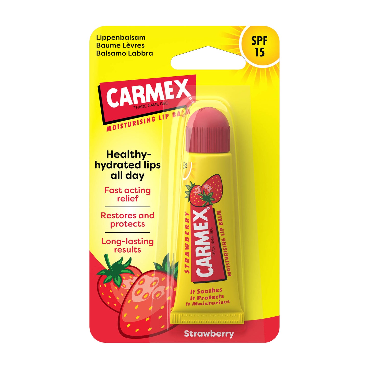 Carmex Strawberry spf15 lip balm tube, 10 g