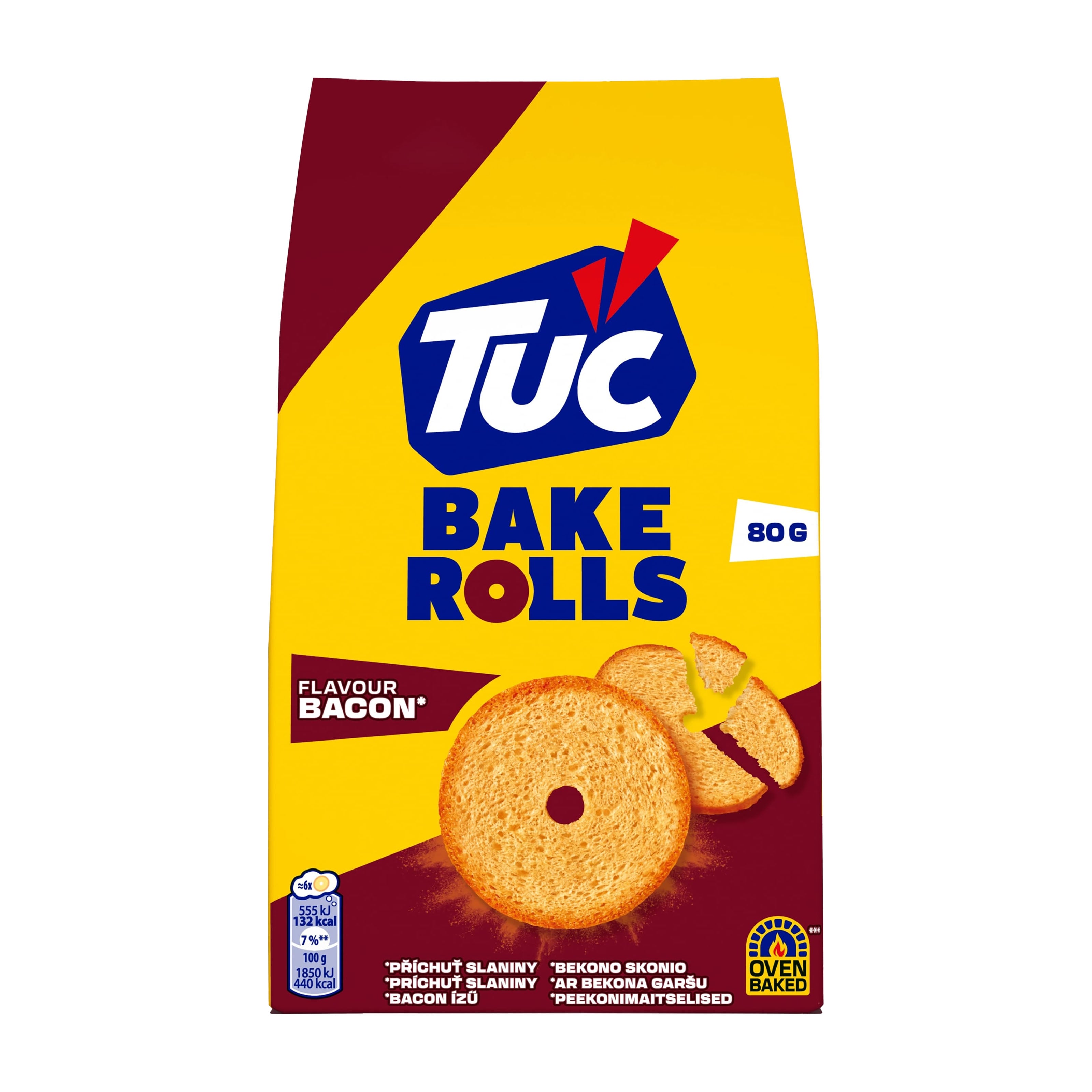 TUC Bake Rolls Bacon flavor packaging on a white background