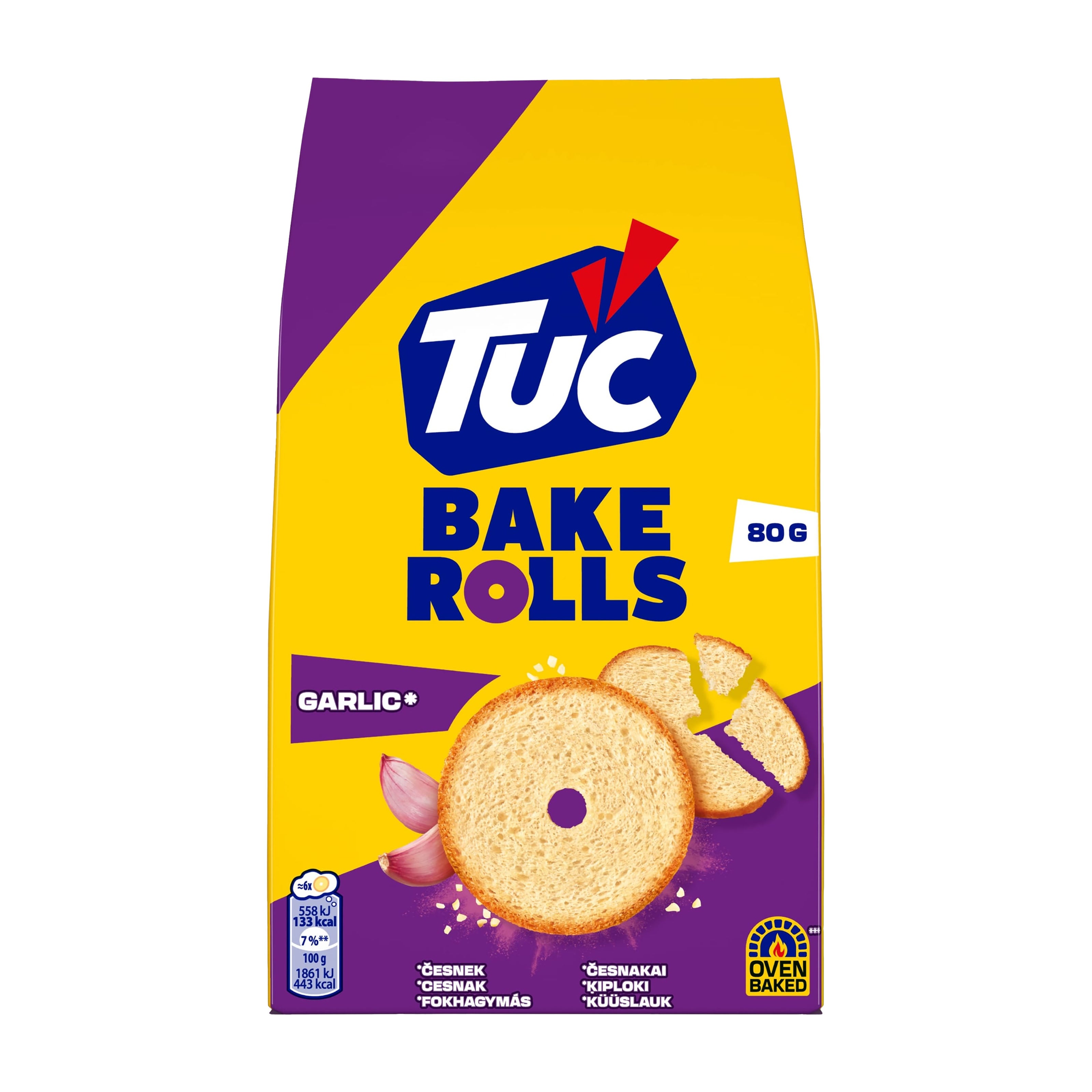 TUC Bake Rolls garlic flavor packaging on a white background