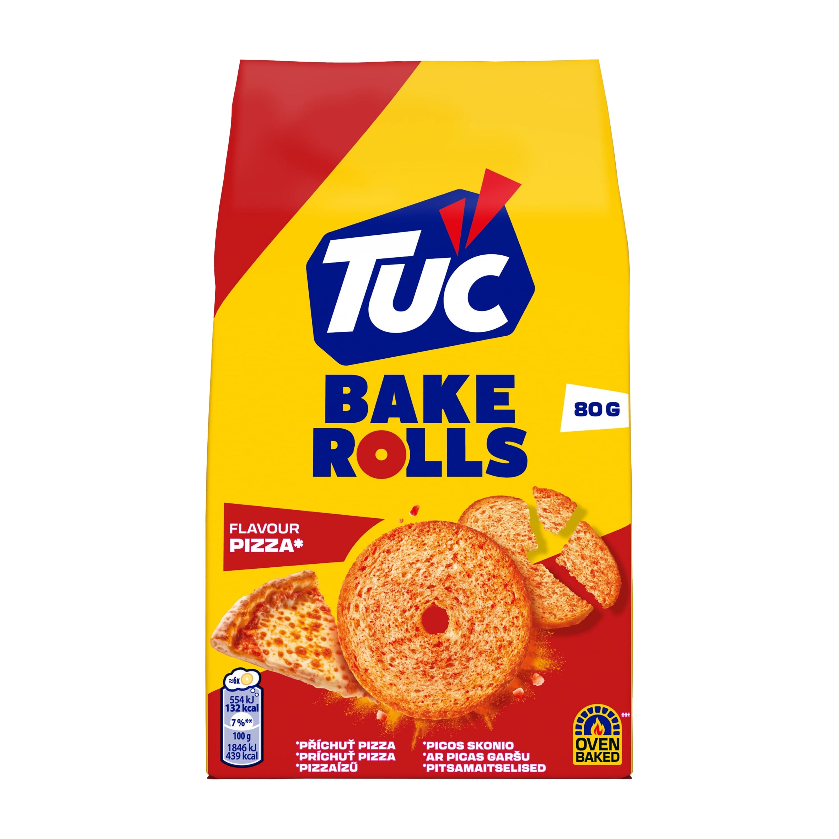 TUC Bake Rolls pizza flavor packaging on a white background
