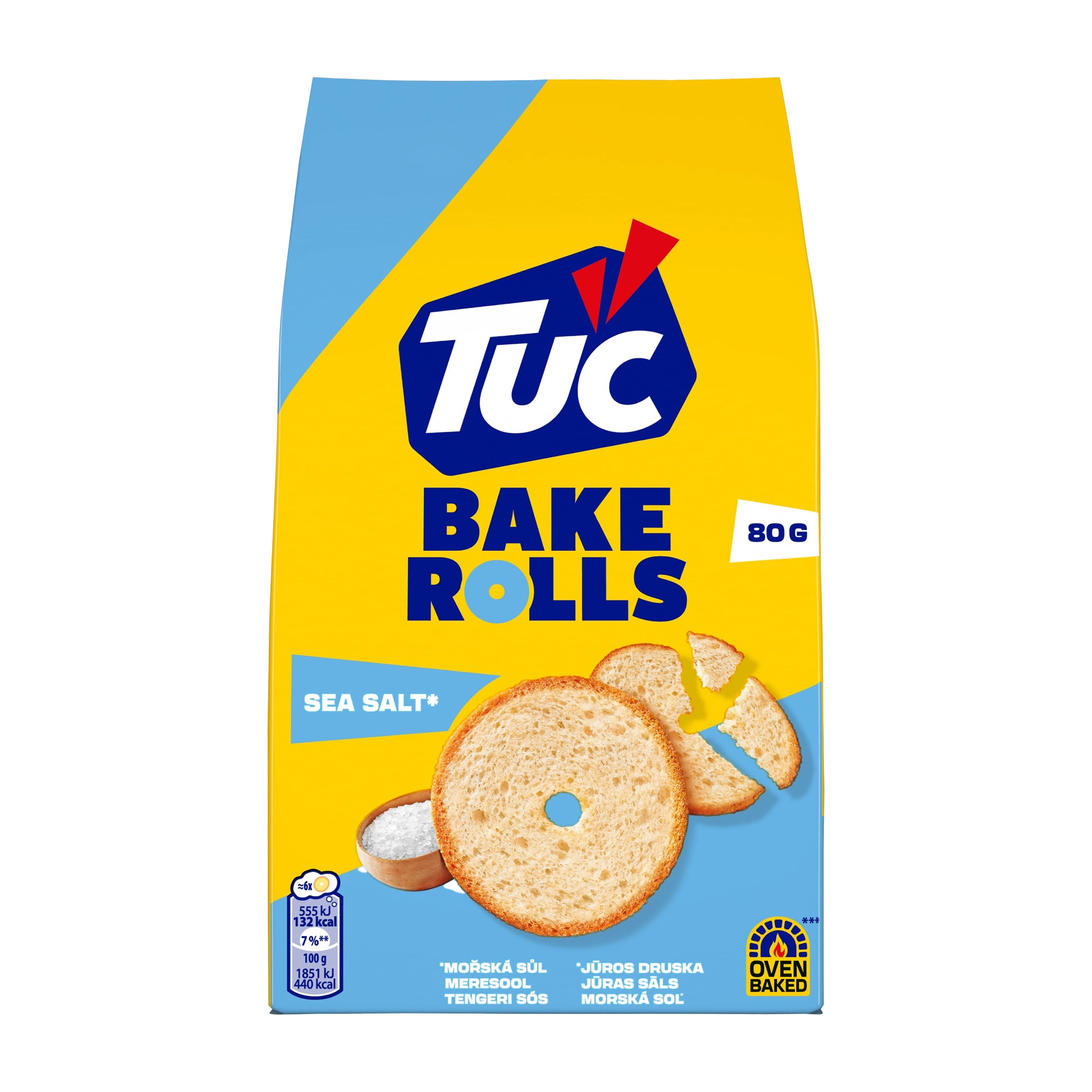 TUC Bake Rolls Sea Salt packaging with yellow and blue design on a white background
