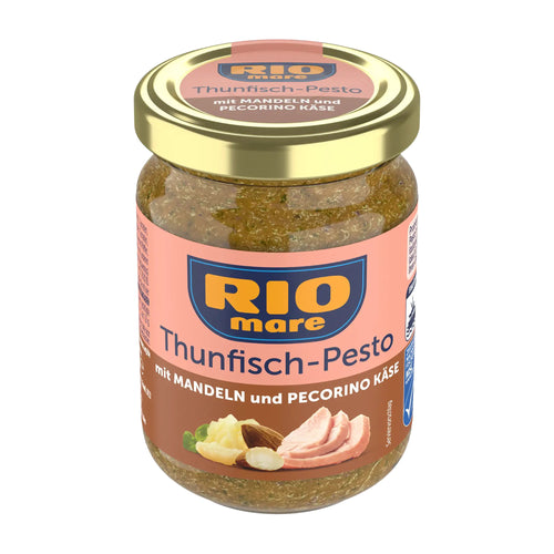 Jar of Rio Mare Tuna Pesto with Almond and Pecorino Cheese with gold lid on a white background