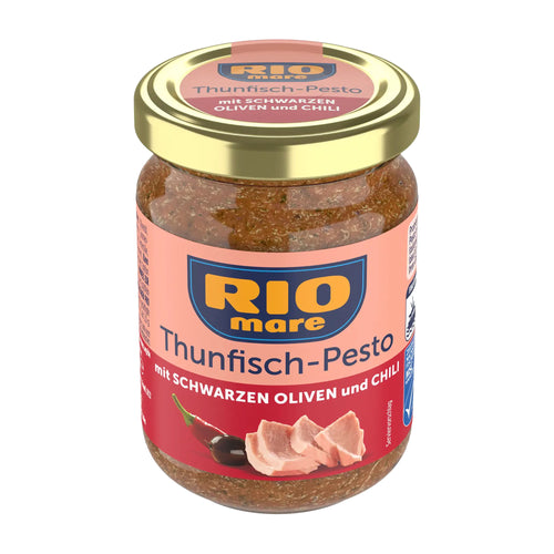 Jar of Rio Mare Tuna Pesto with Black Olives and Chili with a gold lid on a white background